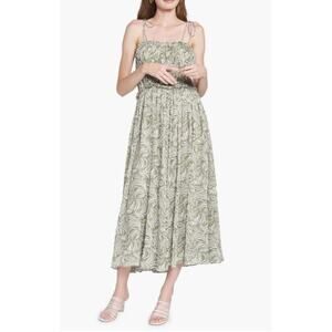 En Saison Womens Sole Abstract Midi Sundress Sage White Gauzy Ruffles Coquette M